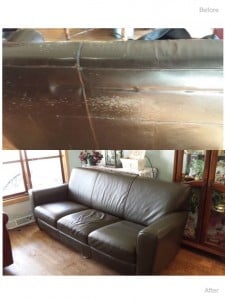 Claw marks from cat, repaired and redyed entire sofa