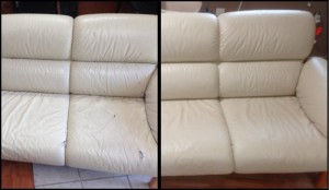 Repaired pet chewed holes in leather sofa with a complete re dye