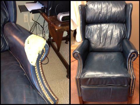 Repaired leather chair that was chewed up the the family dog