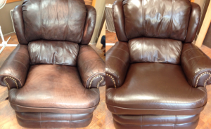 Re-colored worn finish on dark brown recliner