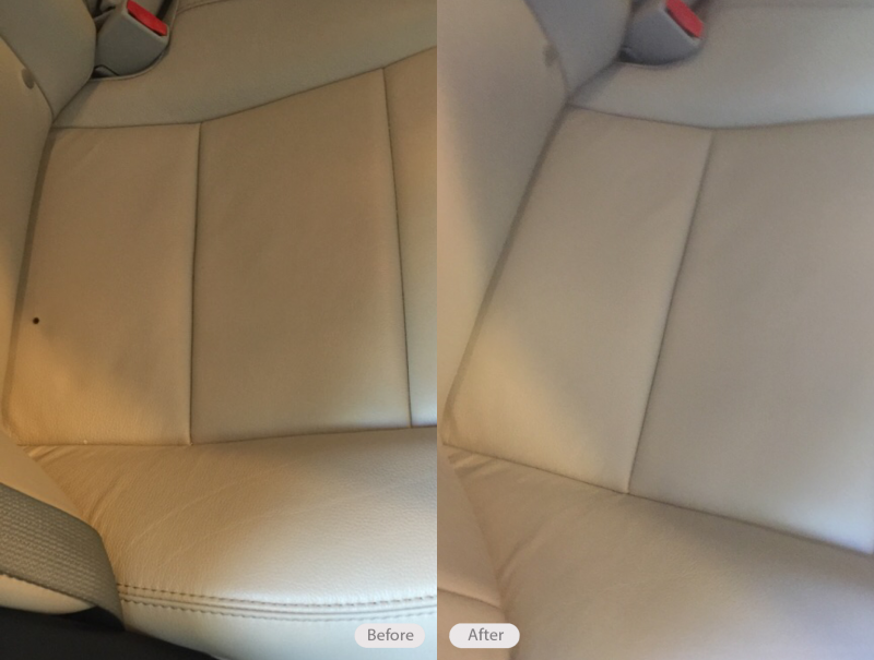 Photo Toyota Avalon leather seat cigarette burn repair and re dye in Tampa Florida. Fibrenew