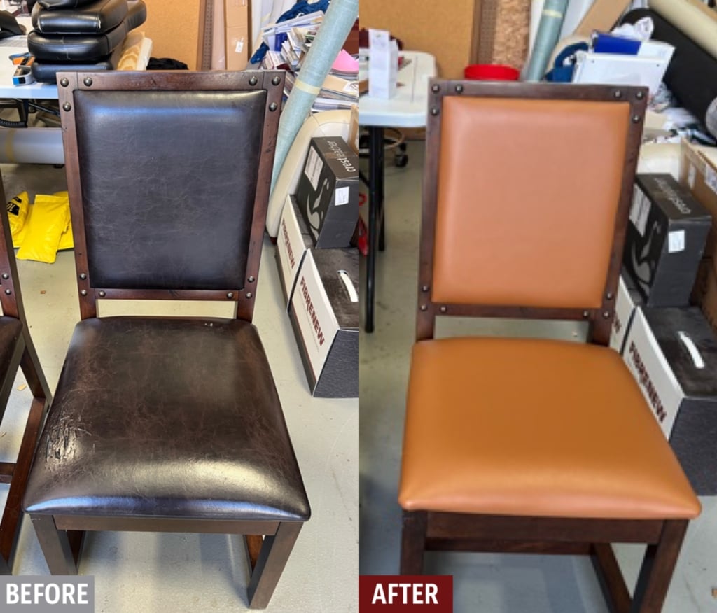 Recover leather sales dining chairs