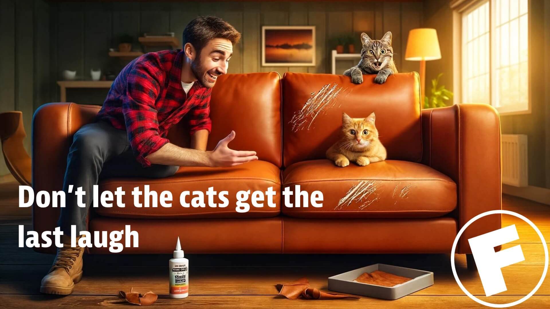 cats laugh after scratching a couch while a guys questions them in an easygoing manner