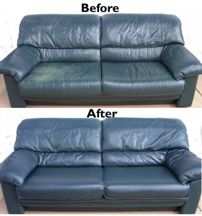 before and after of a repaired cracked leather couch