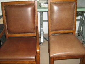Sun-damaged, faded leather chair