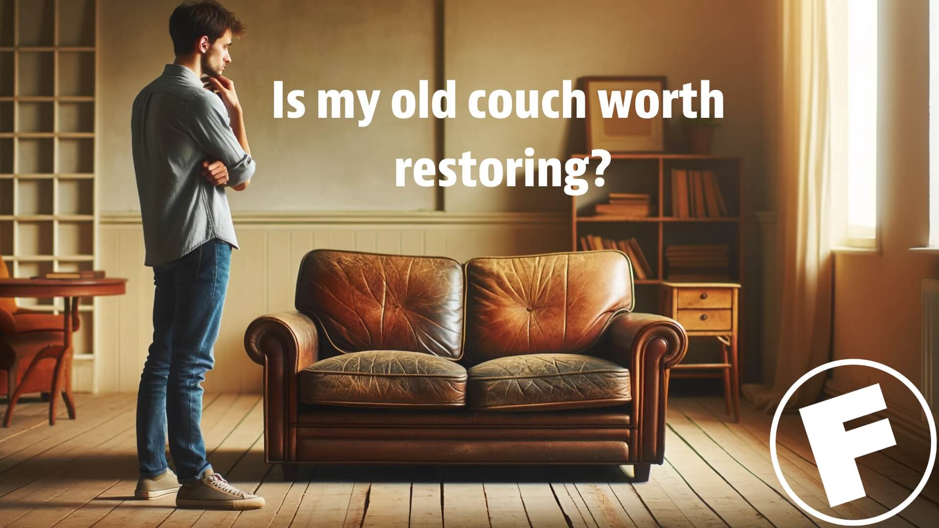 a man looking at his old work leather couch wondering if he should repair or replace it