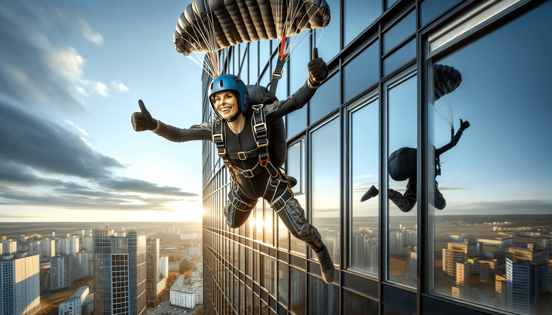 a woman happy to be base-jumping