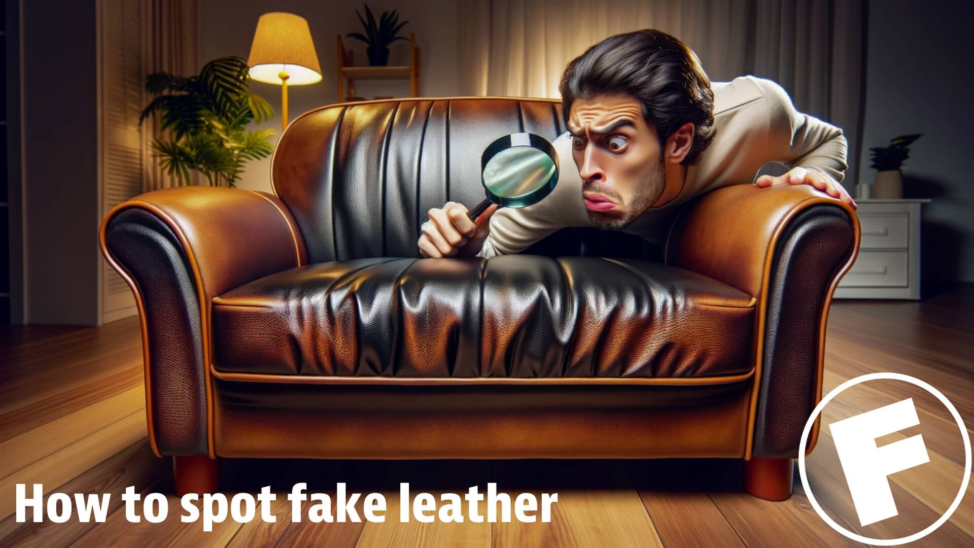 a suspicious man examining a potentially fake leather couch with a magnifying glass