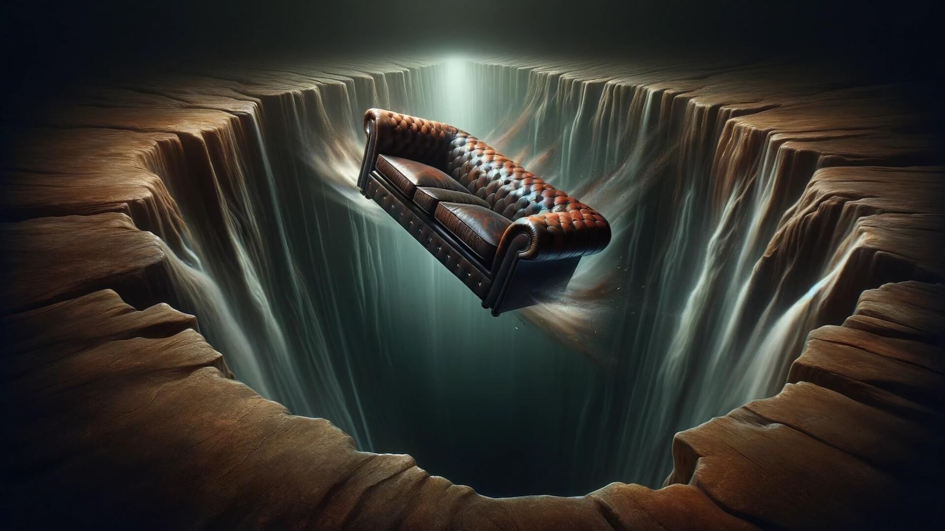 a leather couch falling into an ethereal bottomless pit