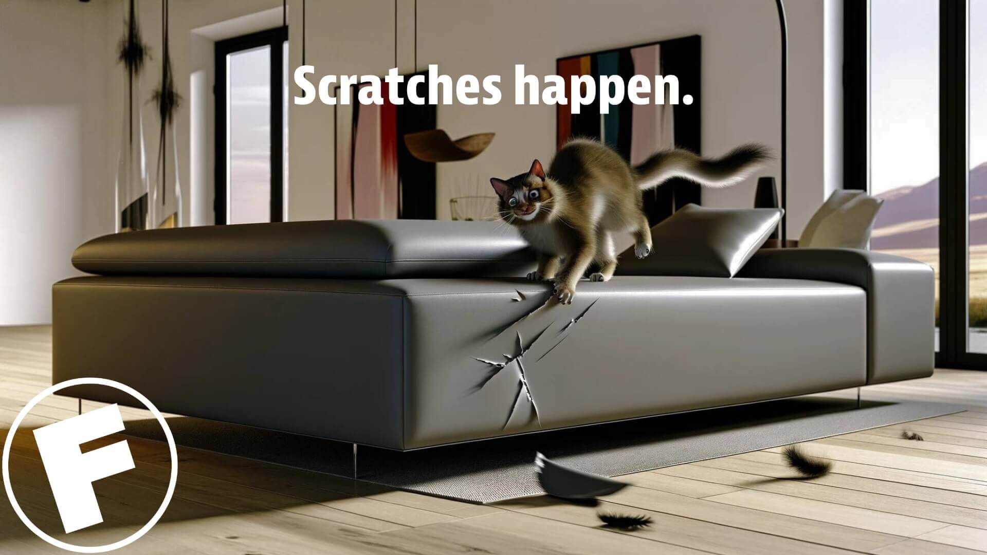 a cat gleefully scratches the cinyl upholstery on a modern style sofa