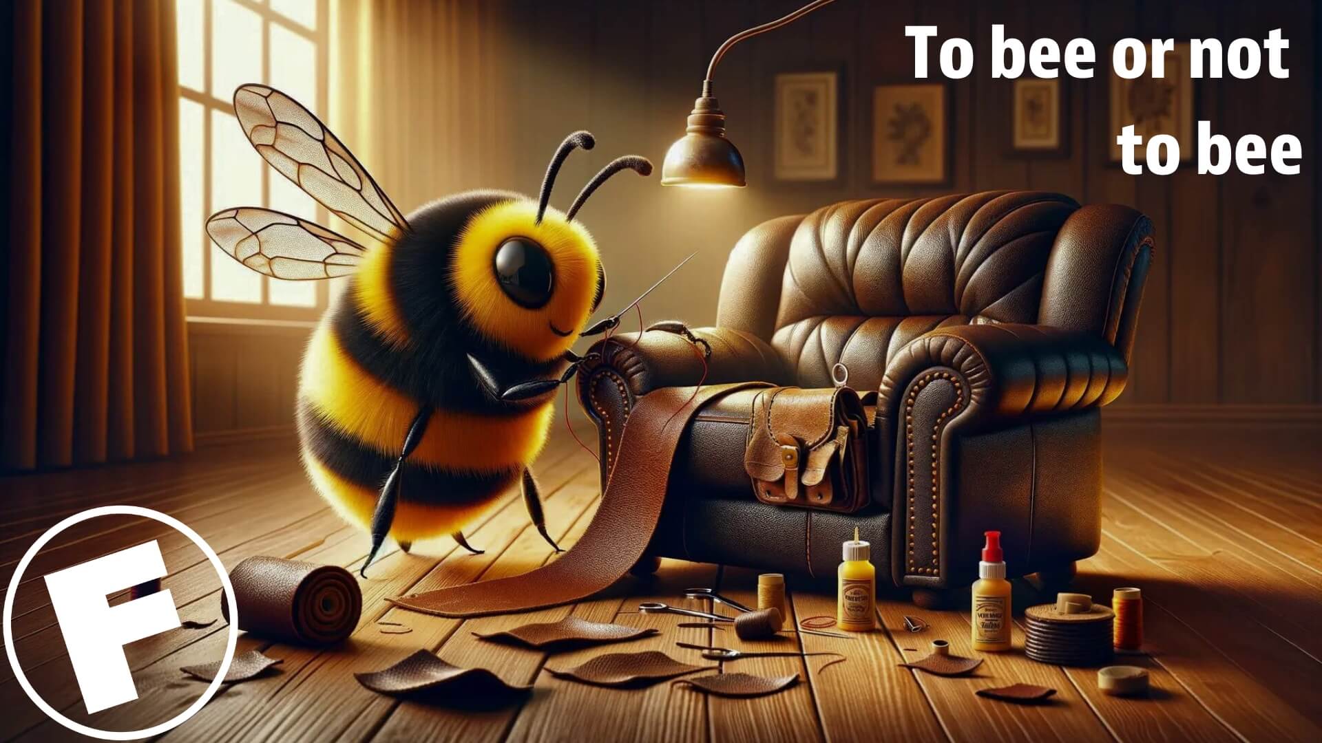 a chubby bee repairing a leather couch