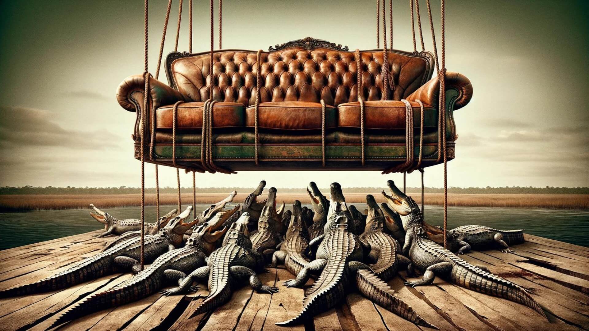 a leather couch held above a group of hungry alligators awaiting it to be lowered