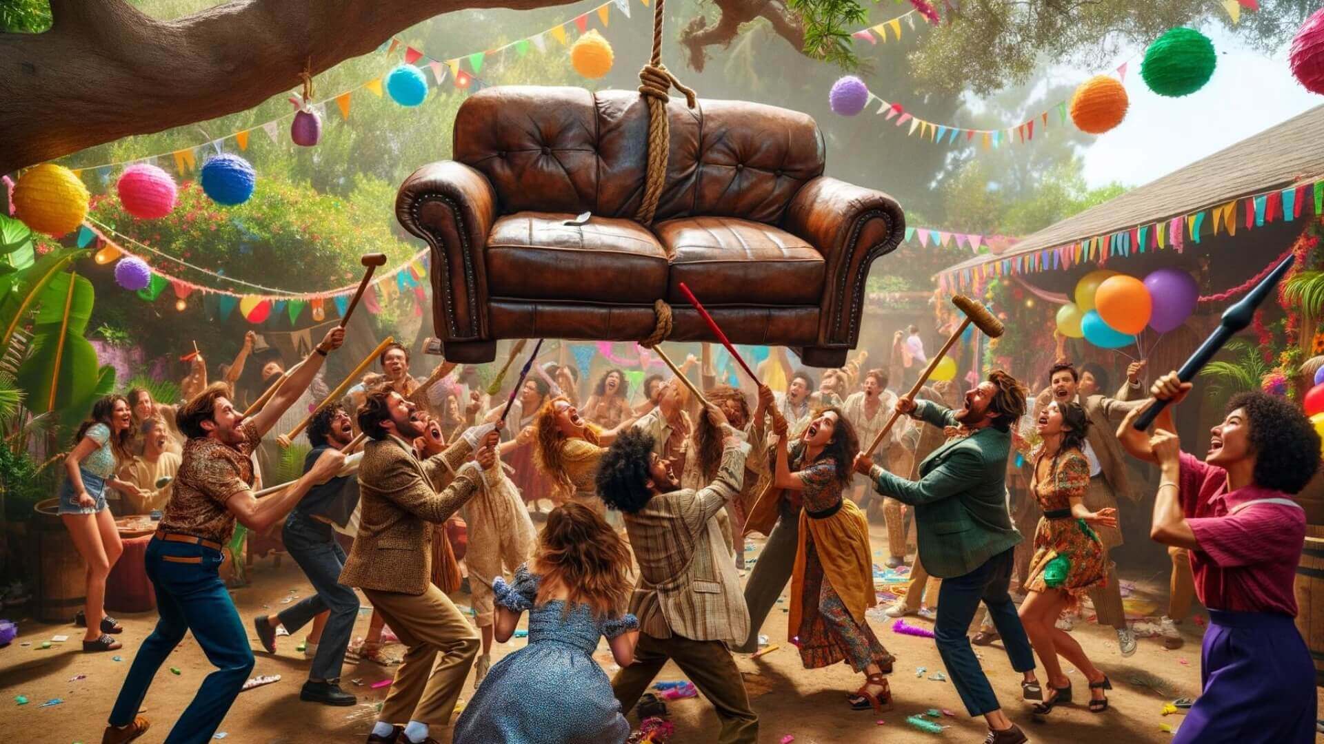 a pinata party, but the pinata is a leather couch