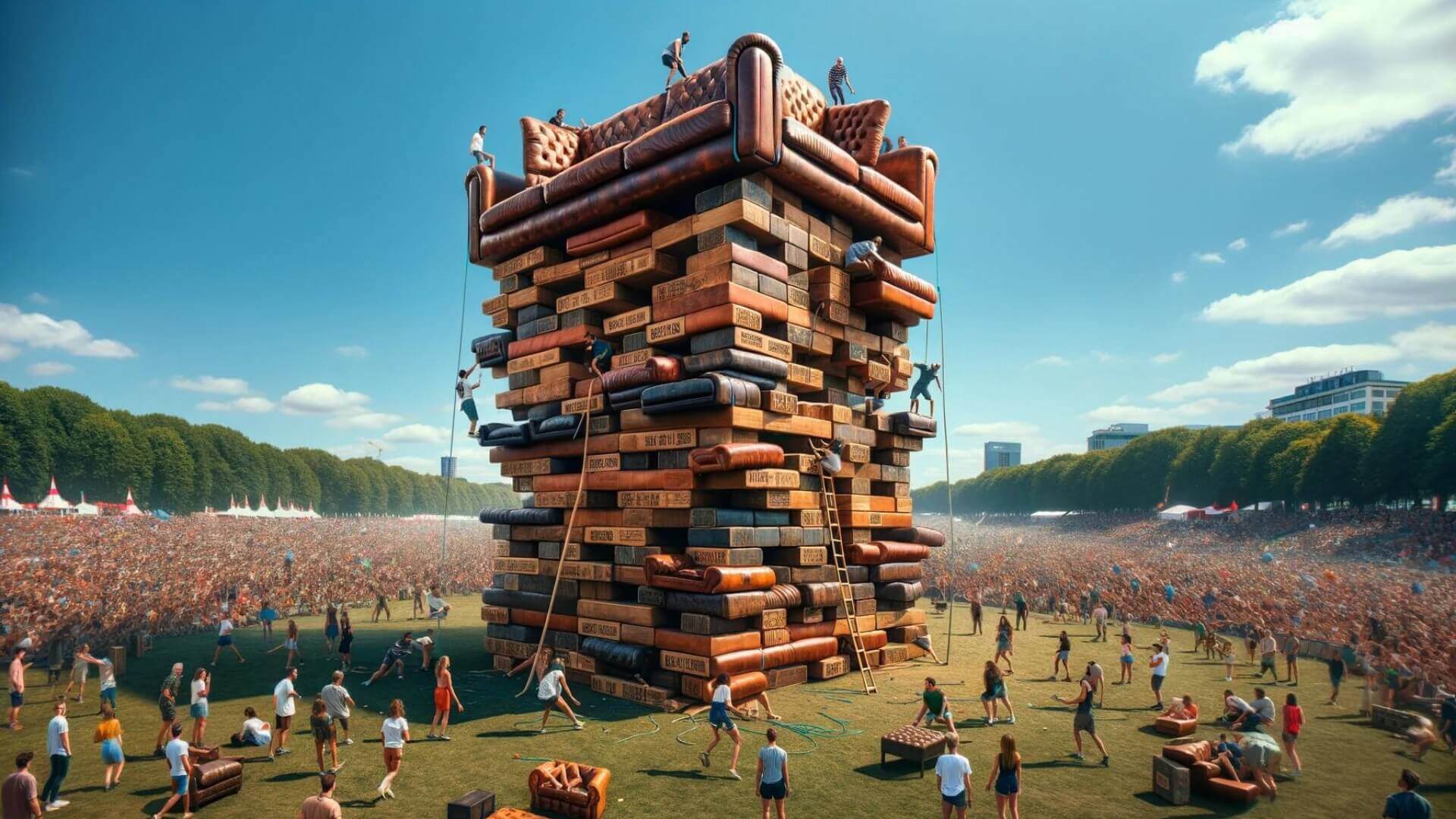 a massive, surreal game of jenga with enormous leather couches at the top
