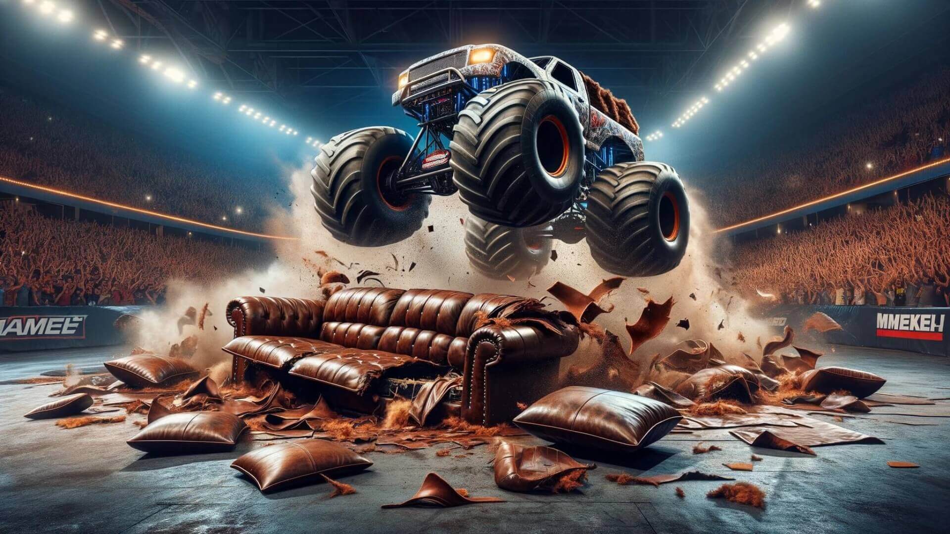 a monster truck driving over a leather couch as it disintegrates beneath