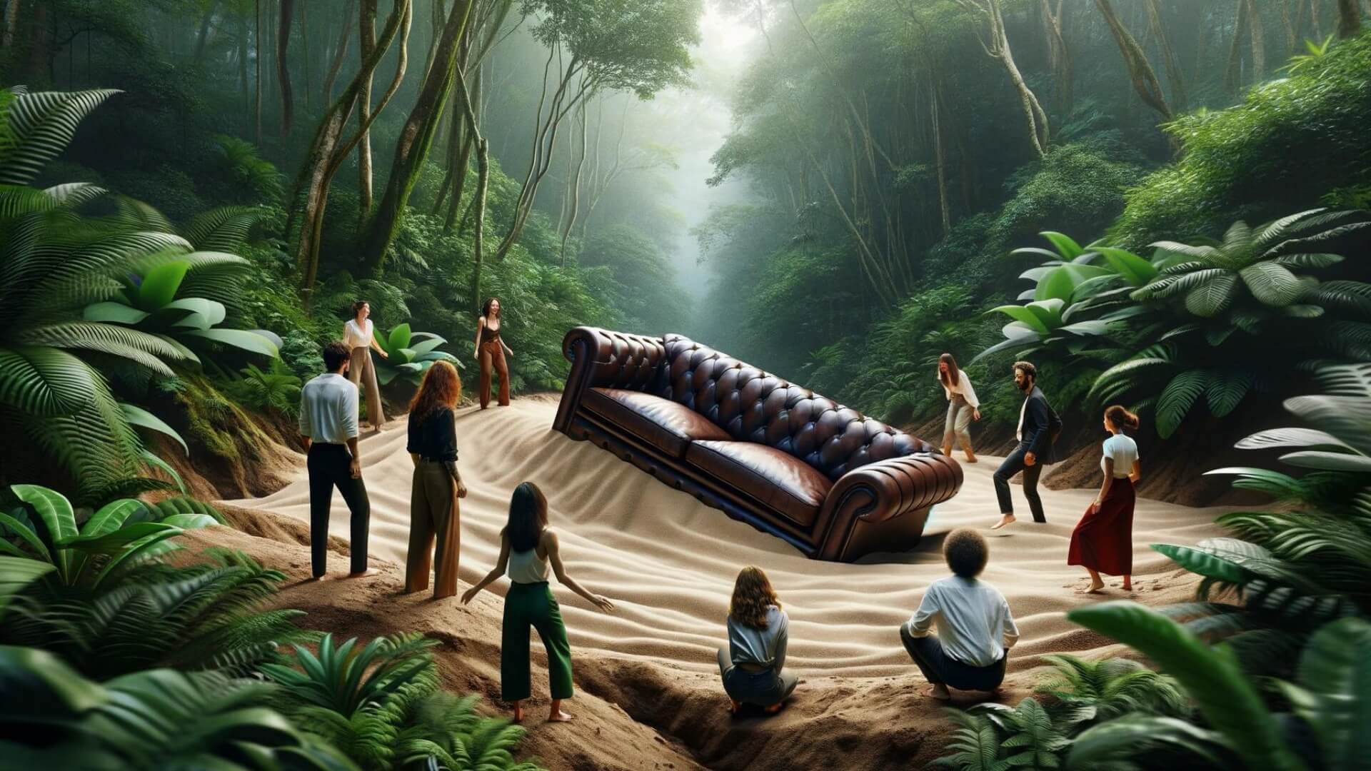 a leather couch being absorbed into a pit of quciksand in a jungle setting as people observe attentively