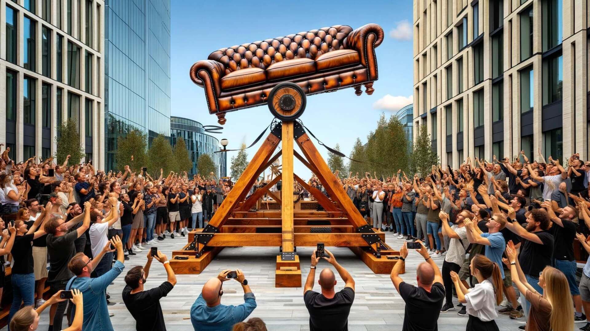 a leather couch launched from a trebuchet as a crowd smiles and snaps photos
