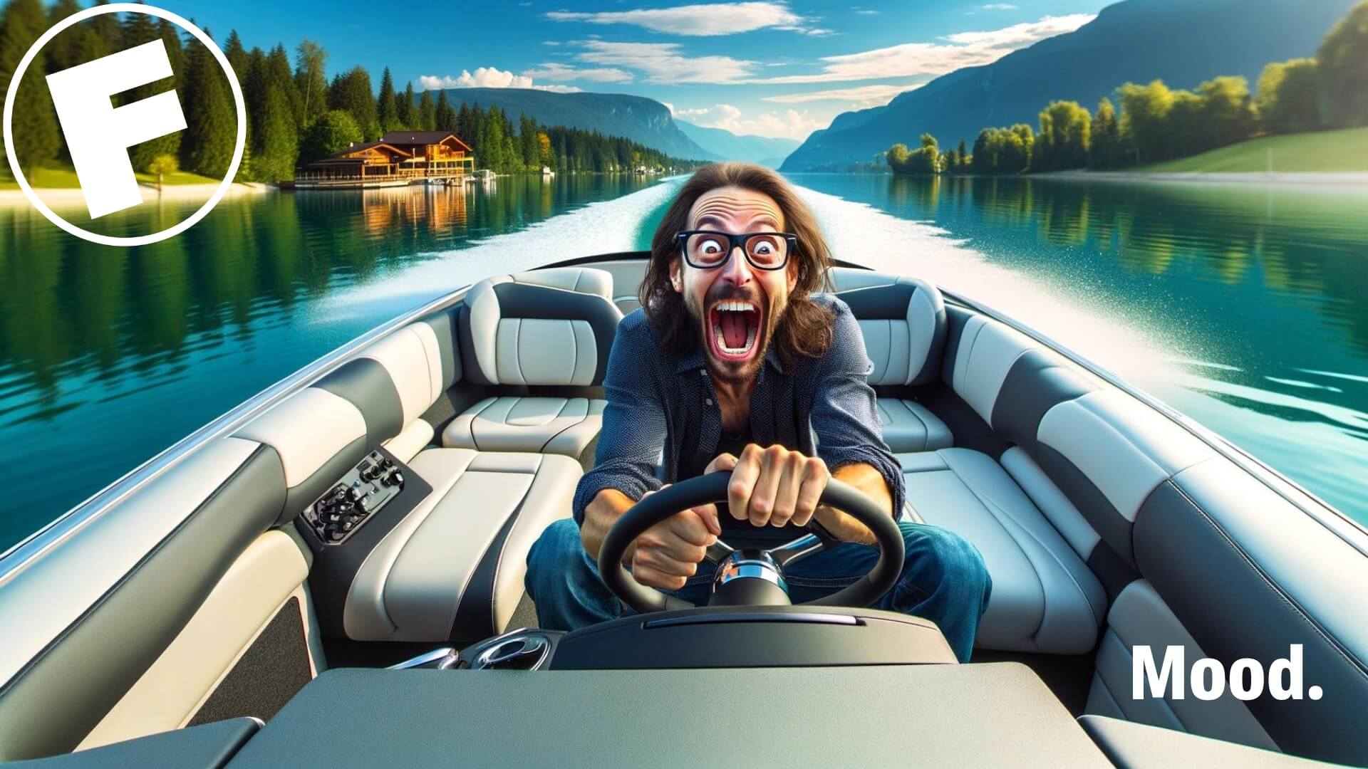 a man overjoyed by the thrill of cruising his speedboat on a beautiful lake