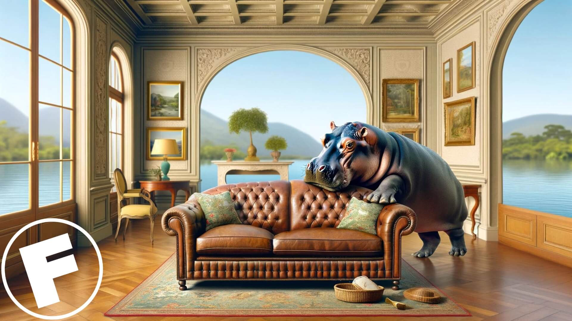 a carefree hippo massaging a leather couch
