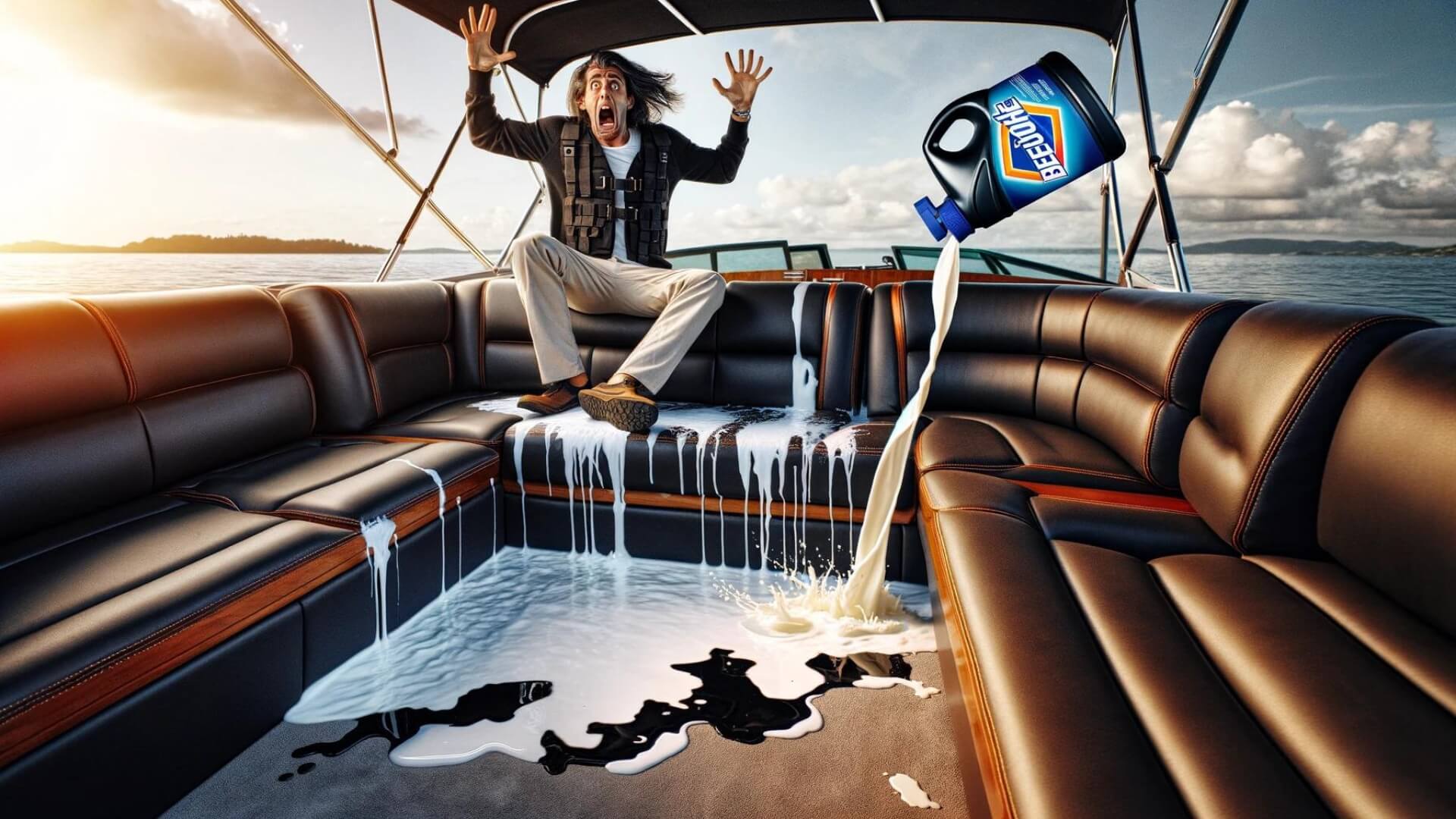 a man panics after spilling bleach on his leather boat seats