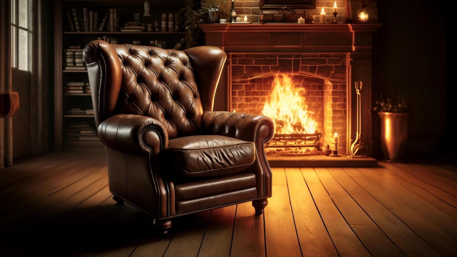 a leather chair placed precariously close to a roaring fireplace