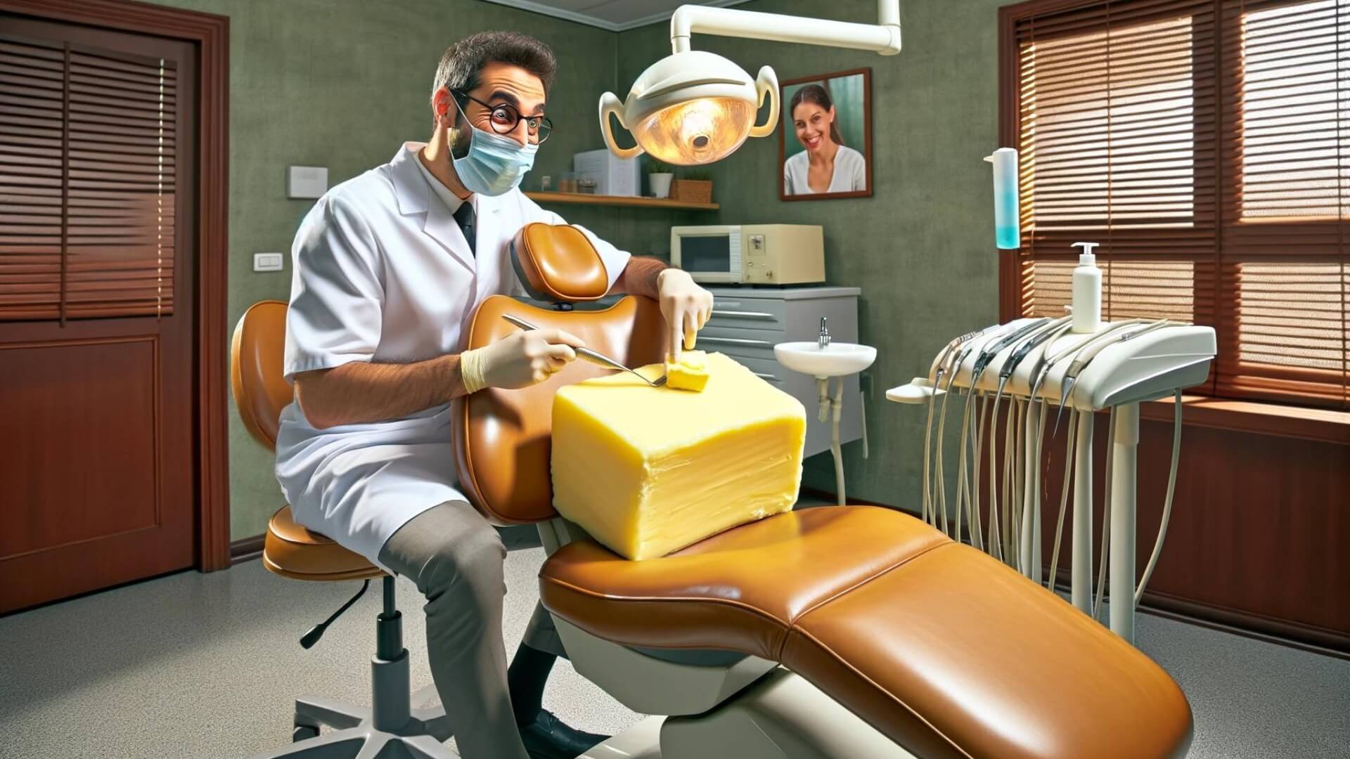 a grinning dentist uses his tools to apply butter to his leather patient seat