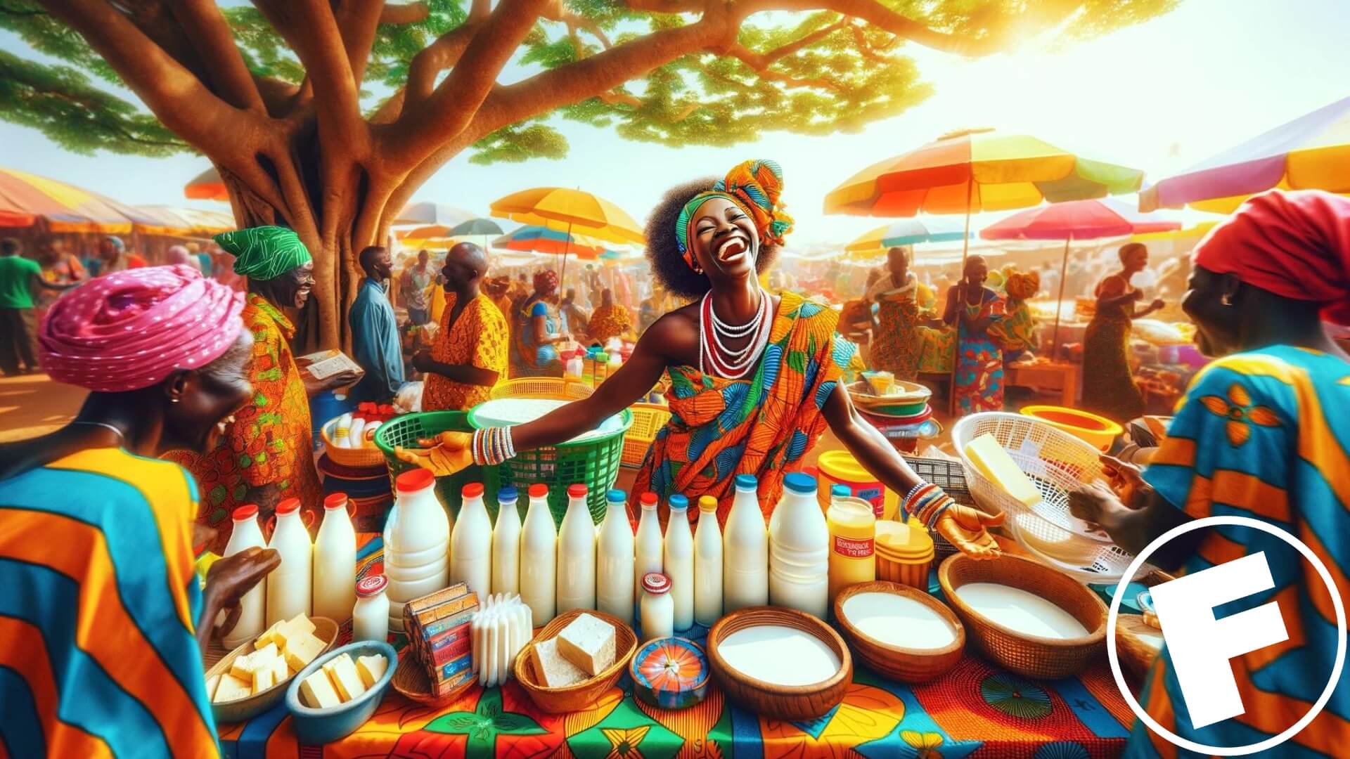 a joyful woman selling Fan Milk products to happy customers in Ghana
