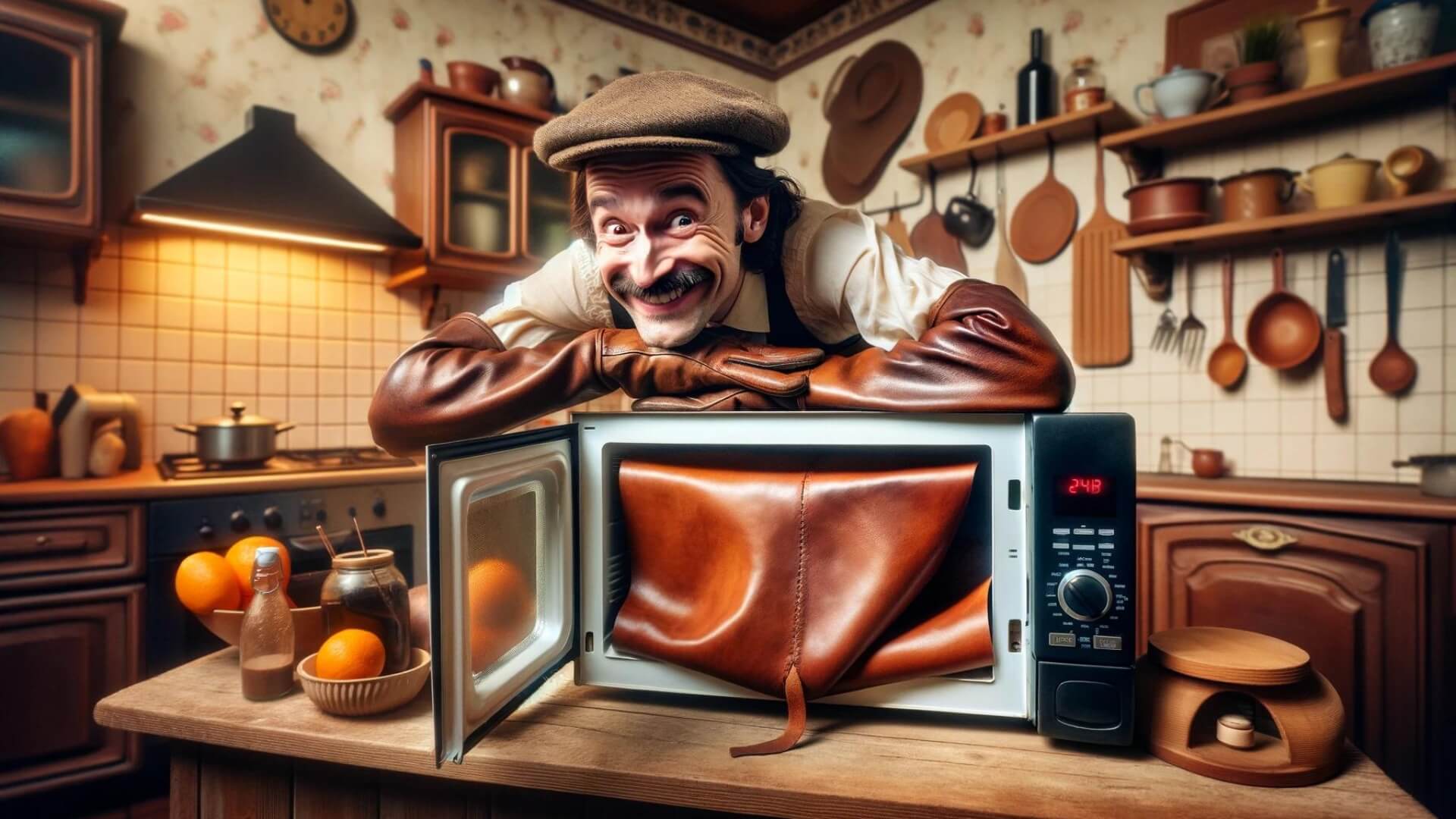a mischievous smile on a man's face as he microwaves leather to dry it out