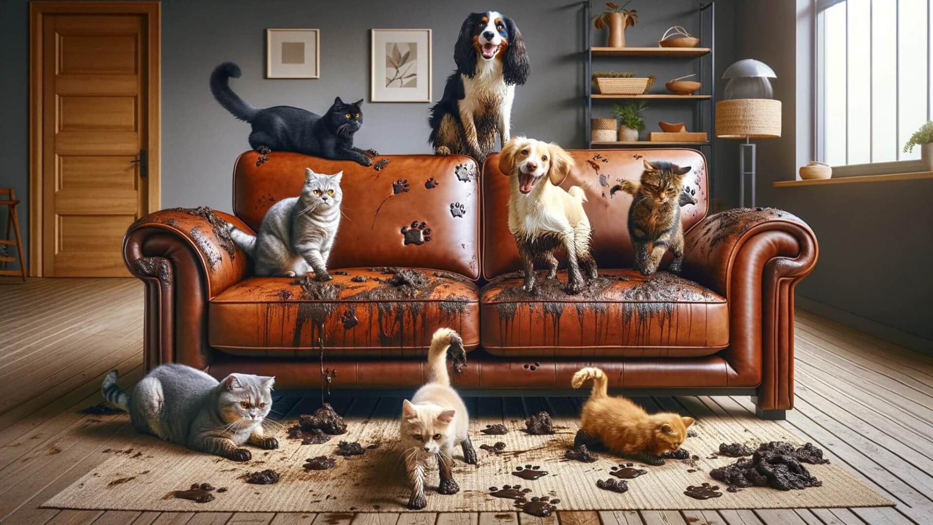 muddy animals put their pawprints all over the beautiful leather sofa