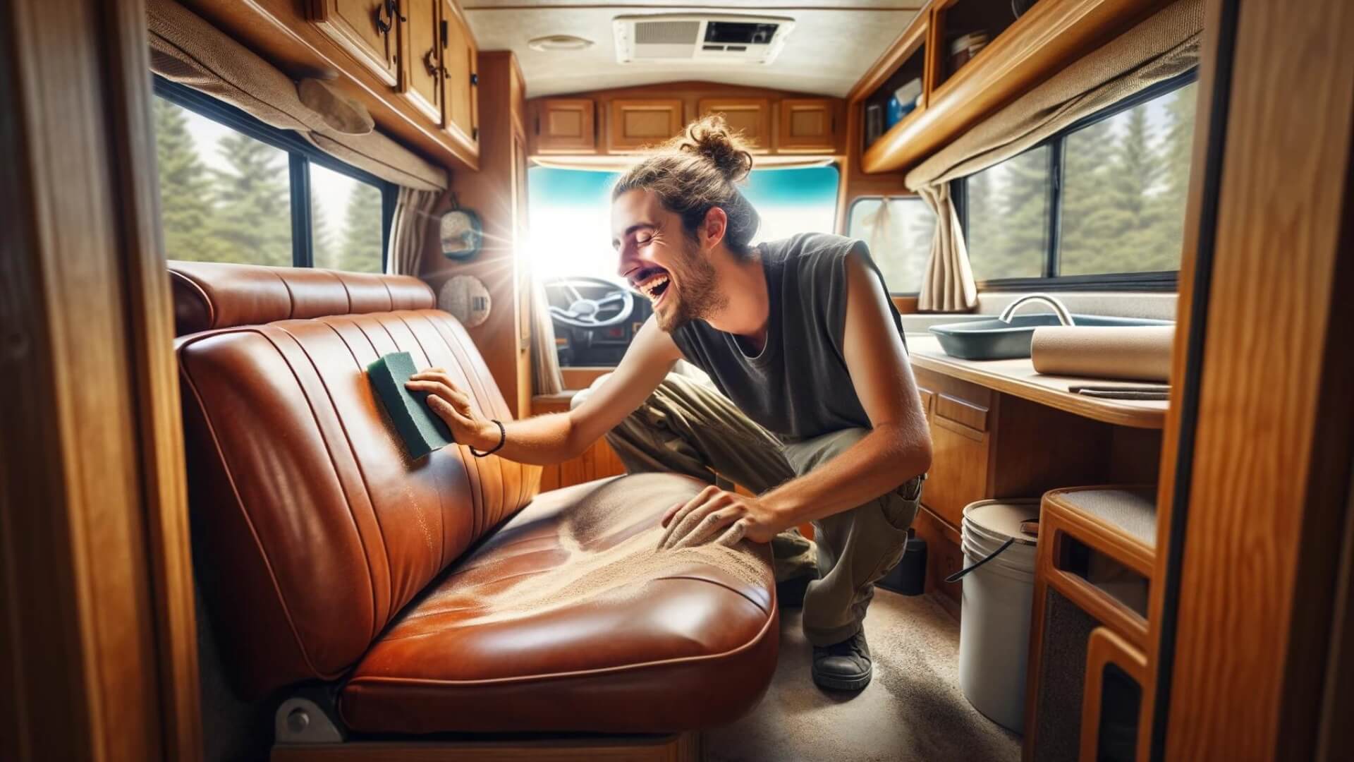 an oblivious hipster uses sandpaper on the lather interior of his vintage RV