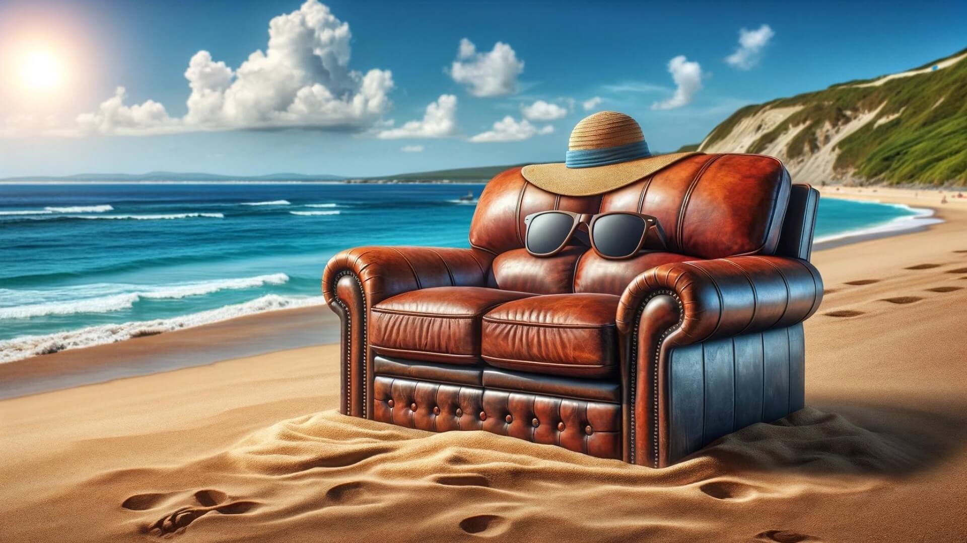 a couch personified with sunglasses and a hat enjoys some rays at the beach