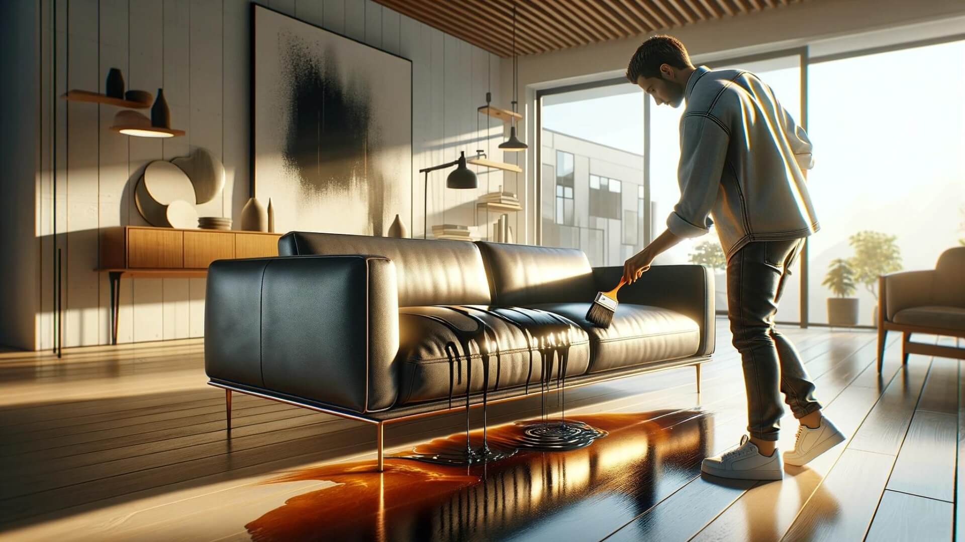a man brushes hot tar on his modern leather couch to polish it up