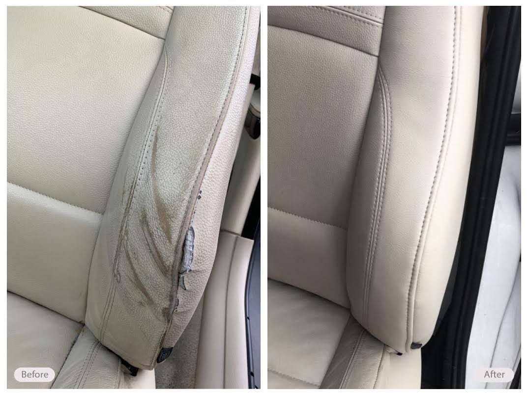 Wear & tear damage on this leather car seat restored 